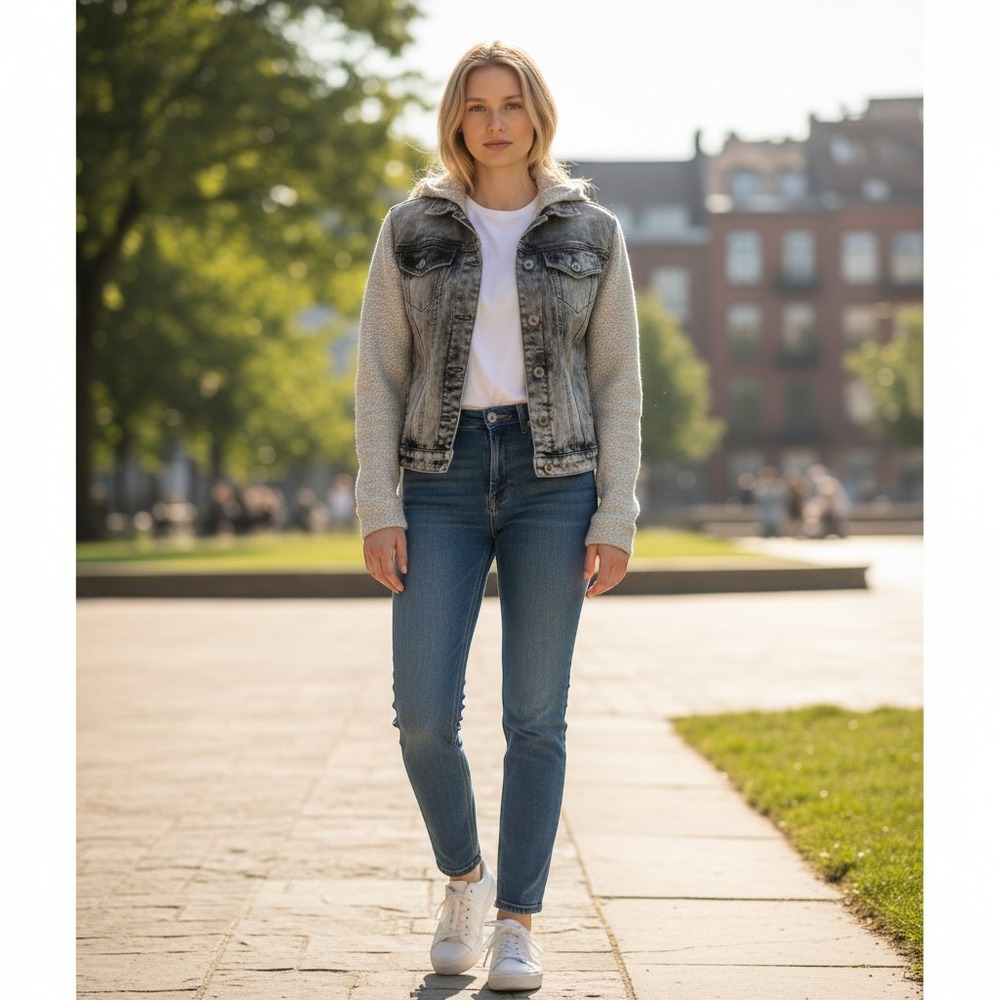 Express Acid-Washed Hooded Distressed Denim Jacket Knit Sleeves Y2K Steampunk